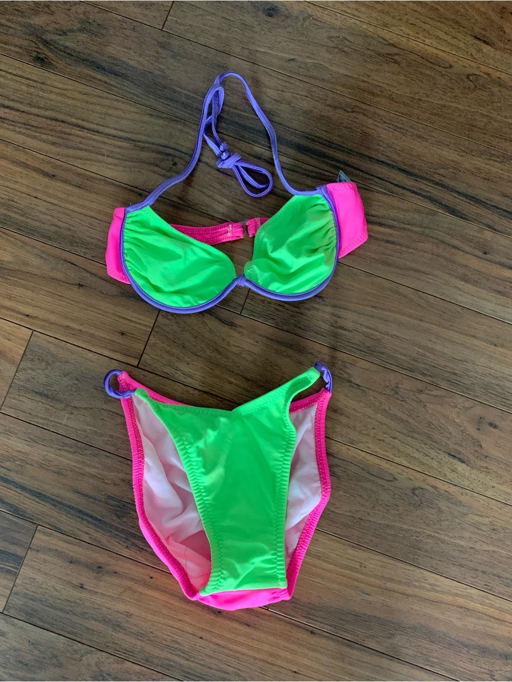 Vintage Neon Green & Pink Bikini with Purple Trim